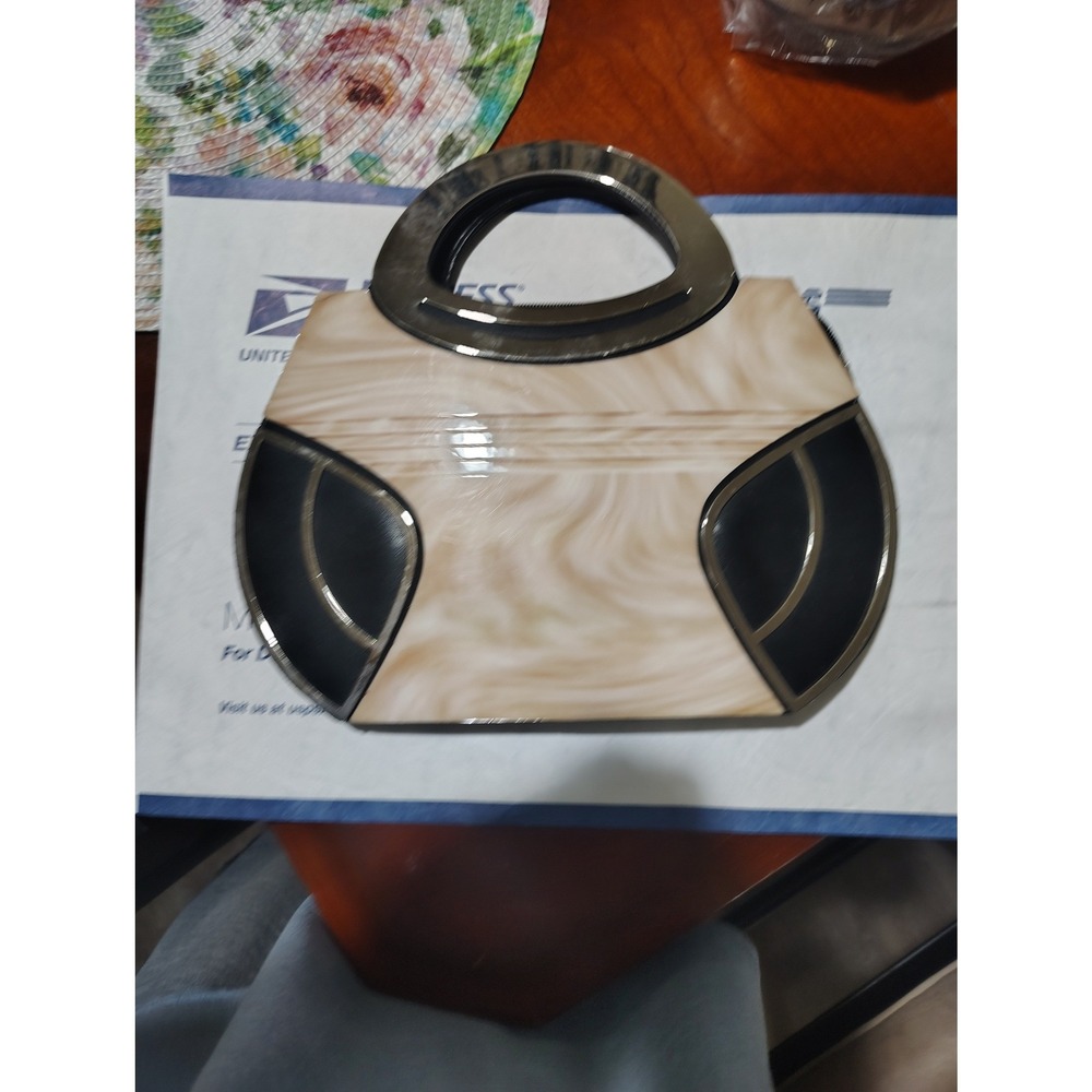 Vintage Style Marbled Handbag Black Cream Gingham‎ Lining Top Handle Bag
